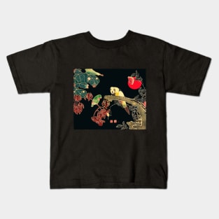 PARROTS ON A BRANCH OF A FLOWERING ROSE BUSH Antique Japanese Floral Kids T-Shirt